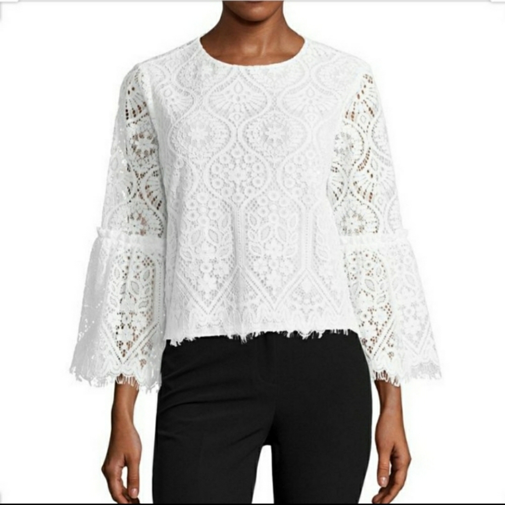 White Lace Top with Three Quarter Bell Sleeves